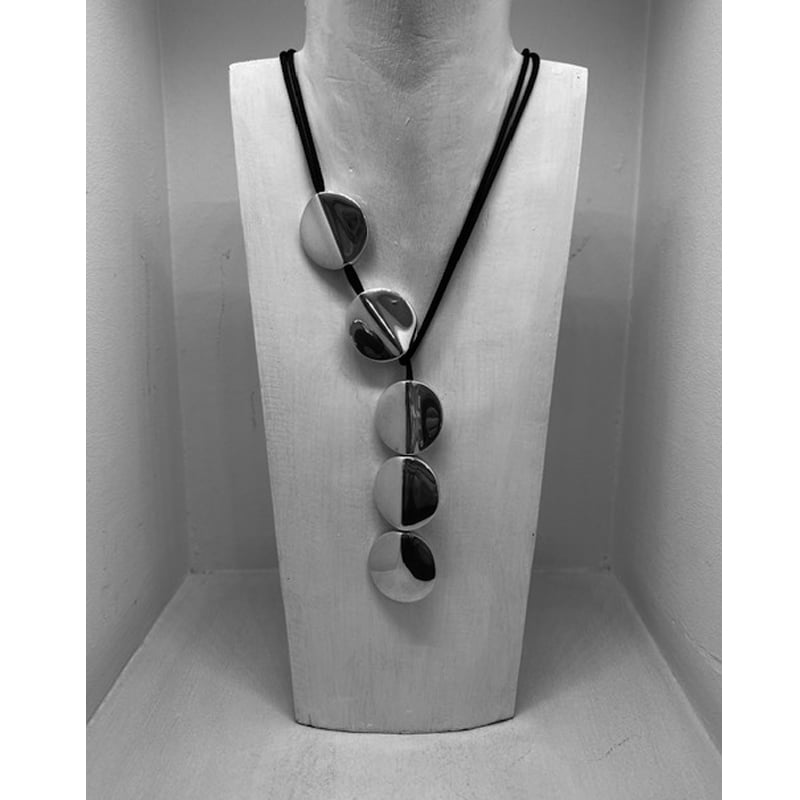 Silver necklace with 5 spherical pieces with silk cord